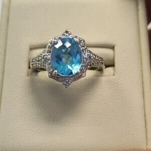 Beautiful A/M Signed Sterling Silver Faceted Blue Topaz CZ Accent Ring Size 6.75